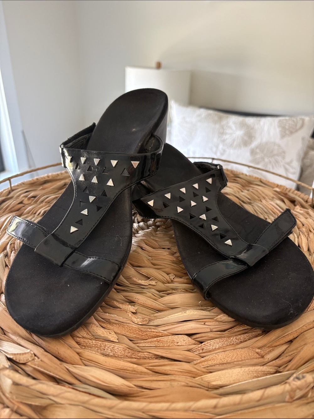 Vionic Black Studded Patent Slide Sandals